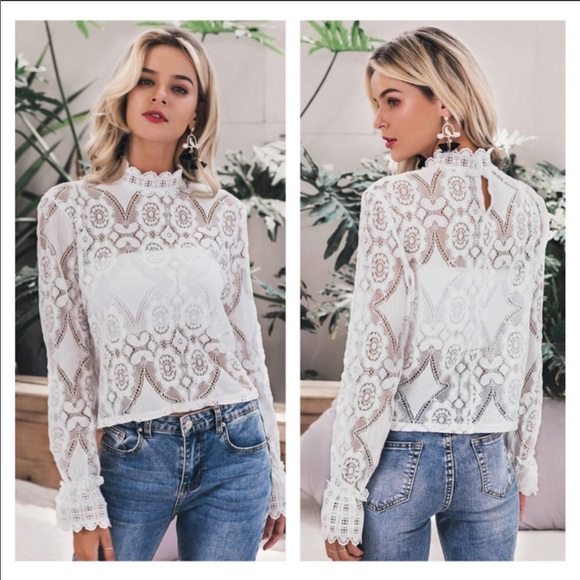Lena Vie Tops - Olivia Lace Detailed Crochet Top With Spectacular Sleeves And Soft Lace Detail